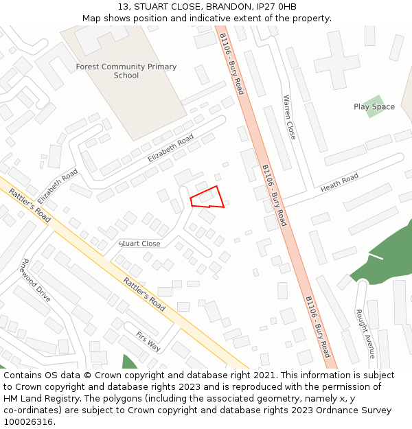 13, STUART CLOSE, BRANDON, IP27 0HB: Location map and indicative extent of plot