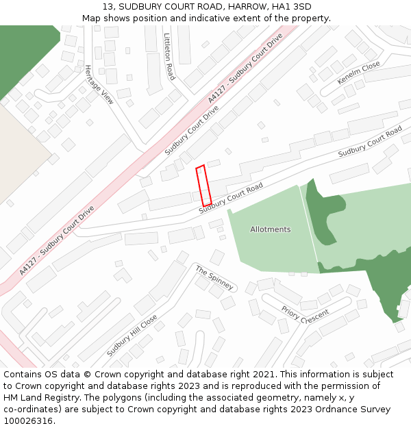 13, SUDBURY COURT ROAD, HARROW, HA1 3SD: Location map and indicative extent of plot