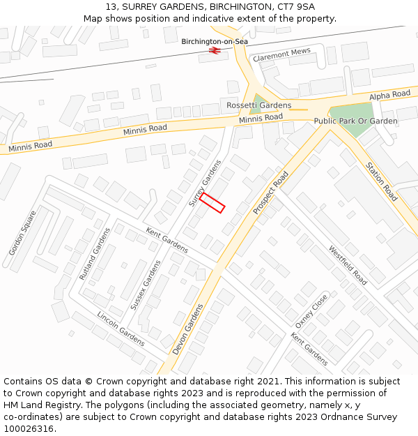 13, SURREY GARDENS, BIRCHINGTON, CT7 9SA: Location map and indicative extent of plot