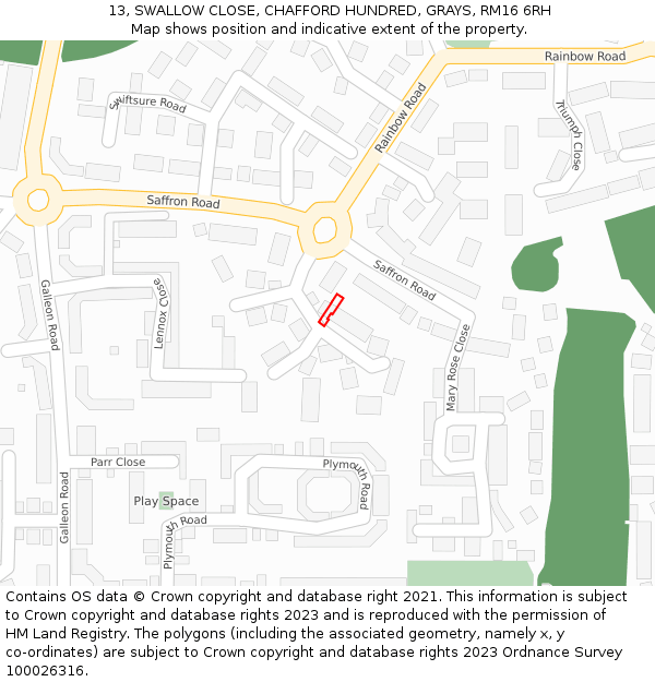 13, SWALLOW CLOSE, CHAFFORD HUNDRED, GRAYS, RM16 6RH: Location map and indicative extent of plot