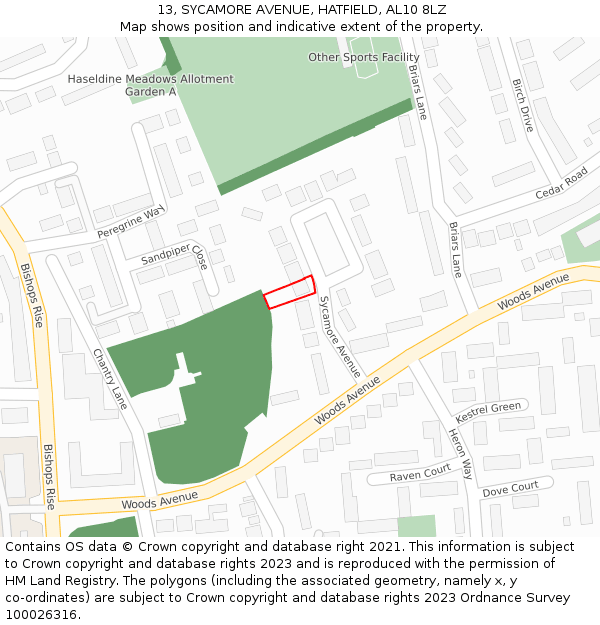 13, SYCAMORE AVENUE, HATFIELD, AL10 8LZ: Location map and indicative extent of plot