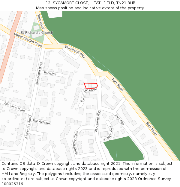 13, SYCAMORE CLOSE, HEATHFIELD, TN21 8HR: Location map and indicative extent of plot