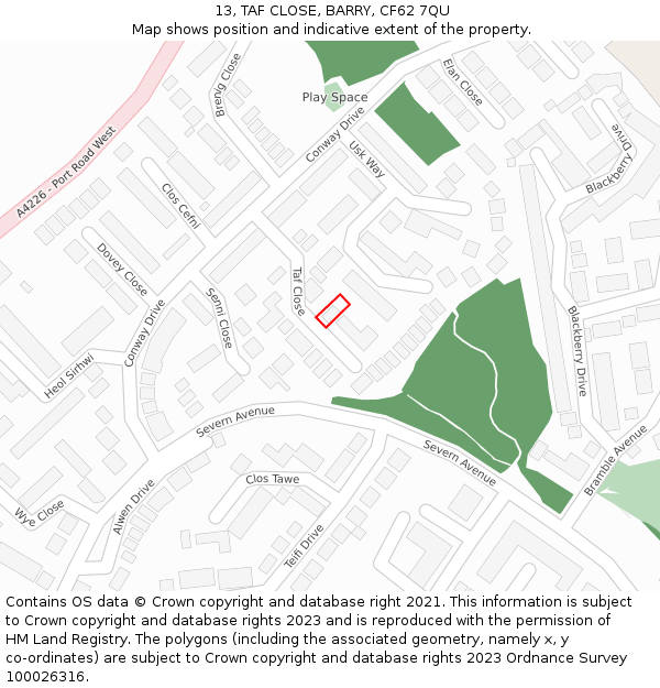 13, TAF CLOSE, BARRY, CF62 7QU: Location map and indicative extent of plot