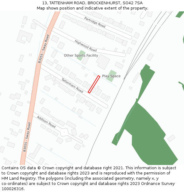 13, TATTENHAM ROAD, BROCKENHURST, SO42 7SA: Location map and indicative extent of plot