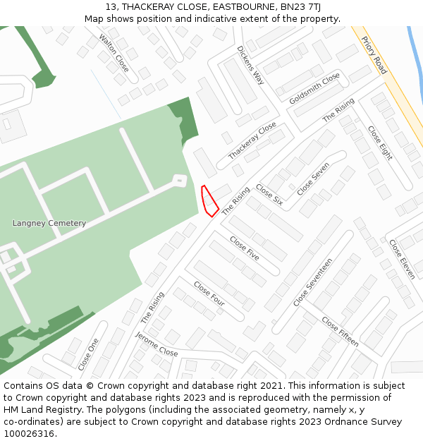 13, THACKERAY CLOSE, EASTBOURNE, BN23 7TJ: Location map and indicative extent of plot