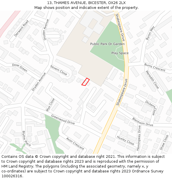 13, THAMES AVENUE, BICESTER, OX26 2LX: Location map and indicative extent of plot