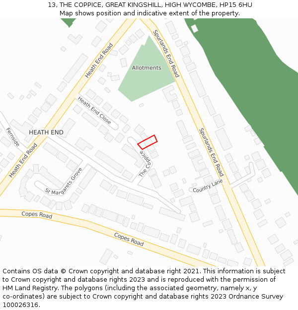 13, THE COPPICE, GREAT KINGSHILL, HIGH WYCOMBE, HP15 6HU: Location map and indicative extent of plot