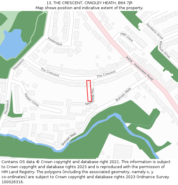 13, THE CRESCENT, CRADLEY HEATH, B64 7JR: Location map and indicative extent of plot