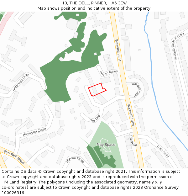 13, THE DELL, PINNER, HA5 3EW: Location map and indicative extent of plot