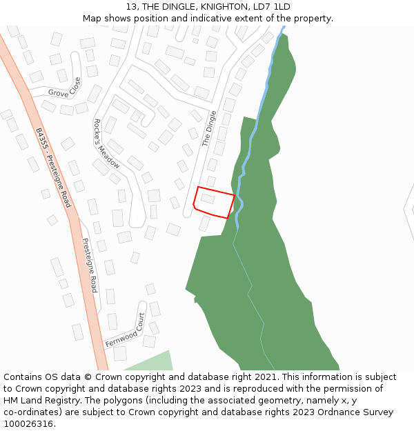 13, THE DINGLE, KNIGHTON, LD7 1LD: Location map and indicative extent of plot
