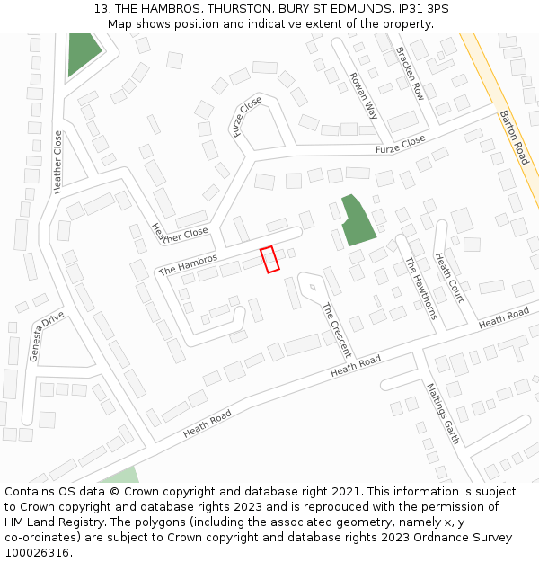 13, THE HAMBROS, THURSTON, BURY ST EDMUNDS, IP31 3PS: Location map and indicative extent of plot