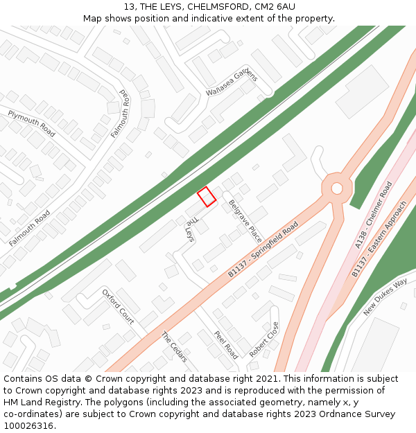 13, THE LEYS, CHELMSFORD, CM2 6AU: Location map and indicative extent of plot