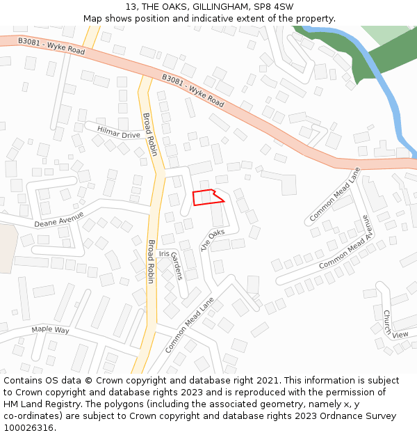 13, THE OAKS, GILLINGHAM, SP8 4SW: Location map and indicative extent of plot