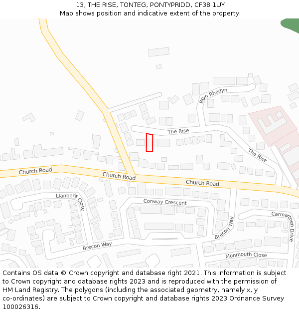 13, THE RISE, TONTEG, PONTYPRIDD, CF38 1UY: Location map and indicative extent of plot