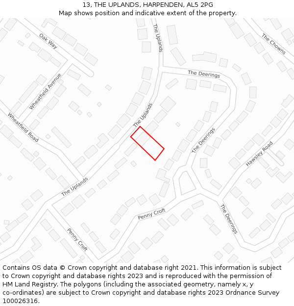 13, THE UPLANDS, HARPENDEN, AL5 2PG: Location map and indicative extent of plot