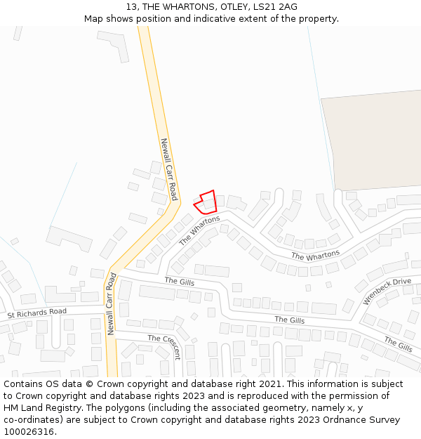 13, THE WHARTONS, OTLEY, LS21 2AG: Location map and indicative extent of plot