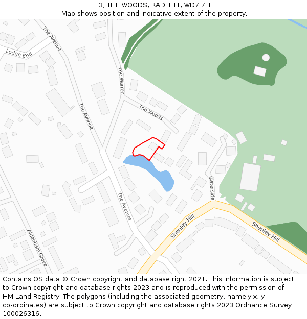 13, THE WOODS, RADLETT, WD7 7HF: Location map and indicative extent of plot