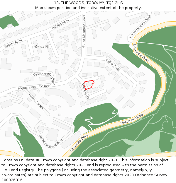 13, THE WOODS, TORQUAY, TQ1 2HS: Location map and indicative extent of plot