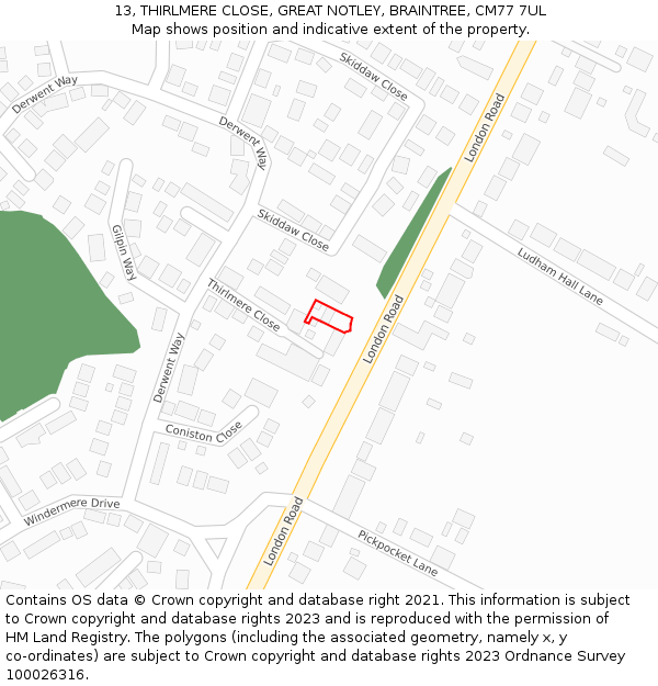 13, THIRLMERE CLOSE, GREAT NOTLEY, BRAINTREE, CM77 7UL: Location map and indicative extent of plot