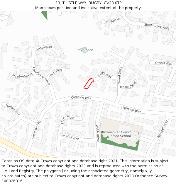 13, THISTLE WAY, RUGBY, CV23 0TP: Location map and indicative extent of plot