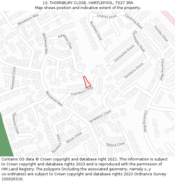 13, THORNBURY CLOSE, HARTLEPOOL, TS27 3RA: Location map and indicative extent of plot