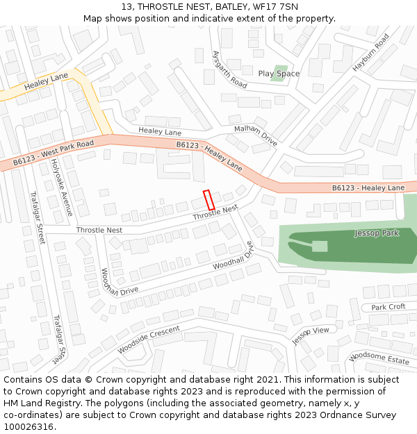 13, THROSTLE NEST, BATLEY, WF17 7SN: Location map and indicative extent of plot