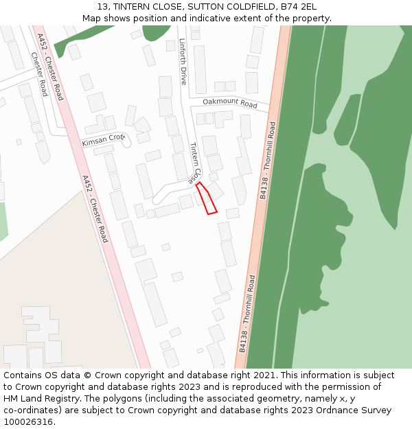 13, TINTERN CLOSE, SUTTON COLDFIELD, B74 2EL: Location map and indicative extent of plot