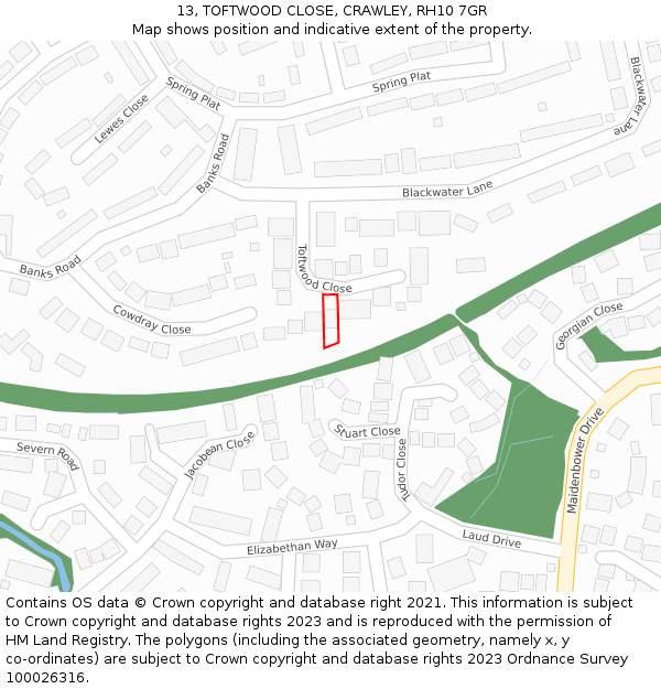 13, TOFTWOOD CLOSE, CRAWLEY, RH10 7GR: Location map and indicative extent of plot