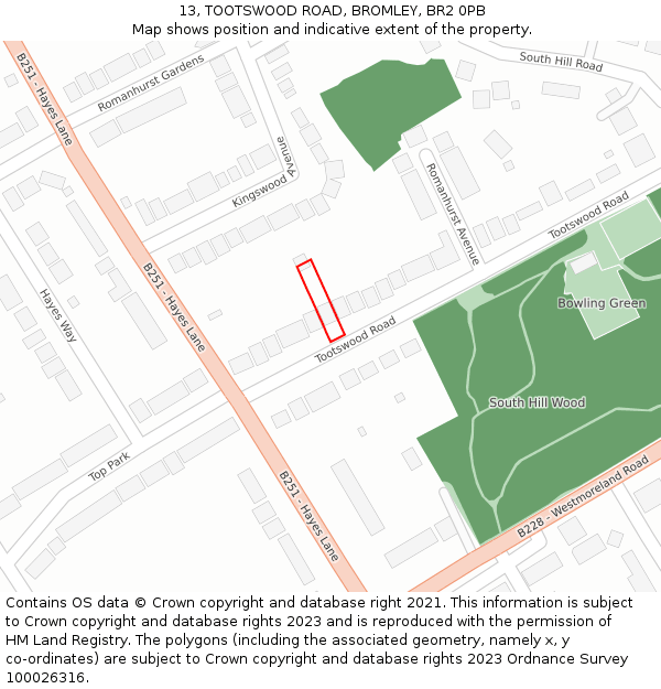 13, TOOTSWOOD ROAD, BROMLEY, BR2 0PB: Location map and indicative extent of plot