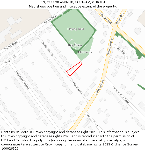 13, TREBOR AVENUE, FARNHAM, GU9 8JH: Location map and indicative extent of plot