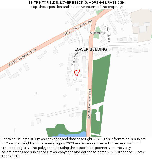 13, TRINITY FIELDS, LOWER BEEDING, HORSHAM, RH13 6GH: Location map and indicative extent of plot