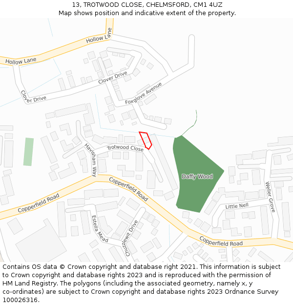 13, TROTWOOD CLOSE, CHELMSFORD, CM1 4UZ: Location map and indicative extent of plot