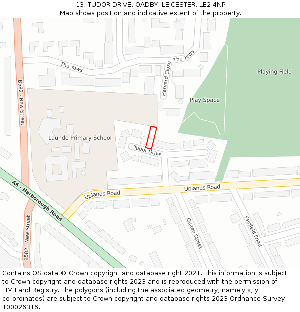 13, TUDOR DRIVE, OADBY, LEICESTER, LE2 4NP: Location map and indicative extent of plot