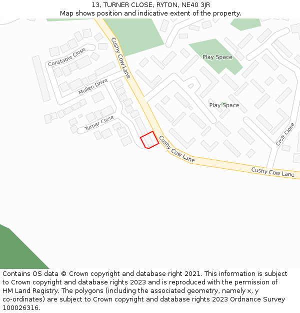 13, TURNER CLOSE, RYTON, NE40 3JR: Location map and indicative extent of plot