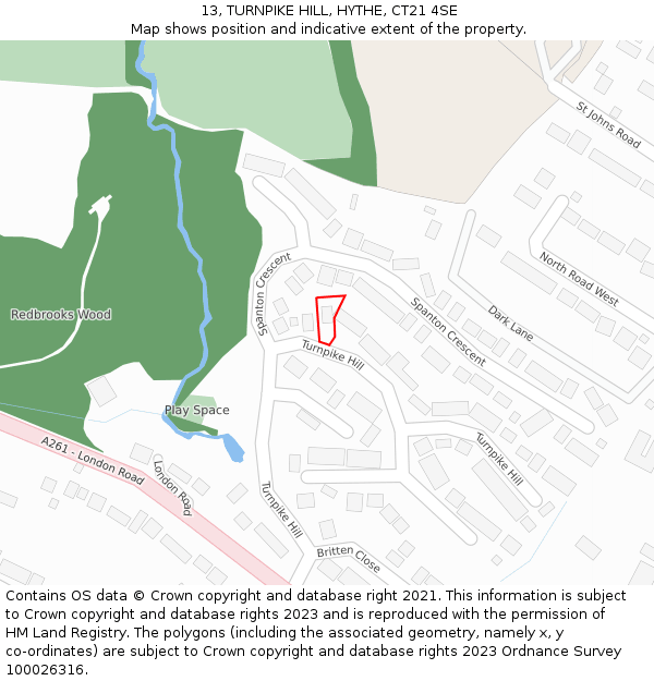 13, TURNPIKE HILL, HYTHE, CT21 4SE: Location map and indicative extent of plot