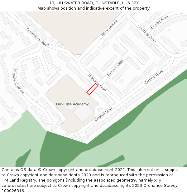 13, ULLSWATER ROAD, DUNSTABLE, LU6 3PX: Location map and indicative extent of plot