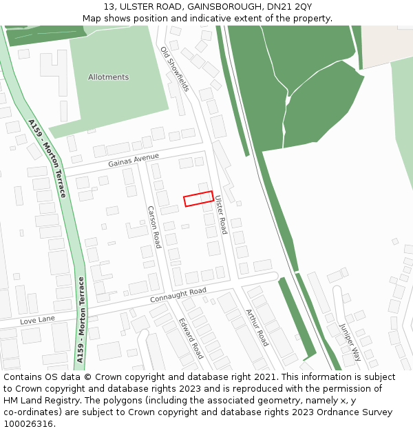 13, ULSTER ROAD, GAINSBOROUGH, DN21 2QY: Location map and indicative extent of plot