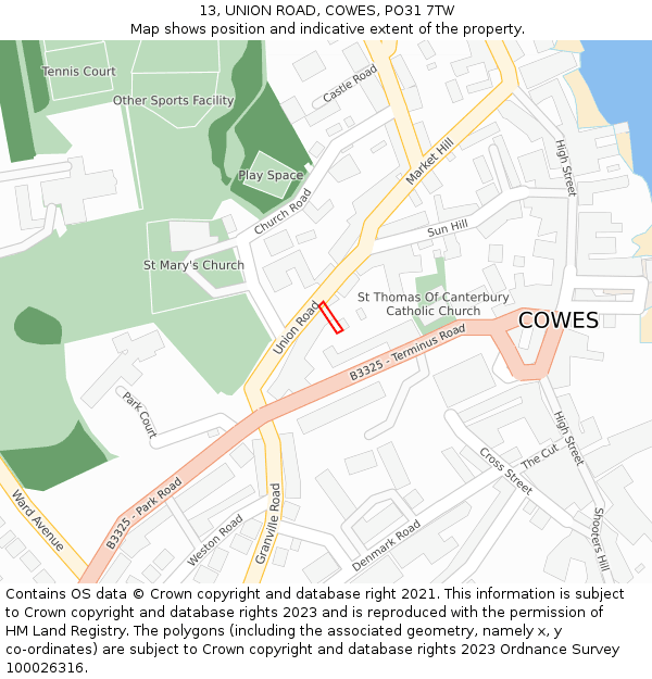 13, UNION ROAD, COWES, PO31 7TW: Location map and indicative extent of plot