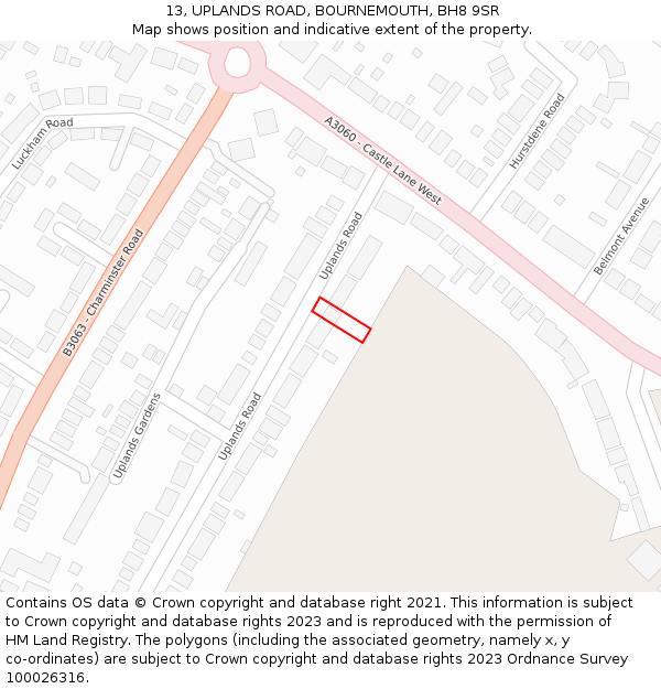 13, UPLANDS ROAD, BOURNEMOUTH, BH8 9SR: Location map and indicative extent of plot