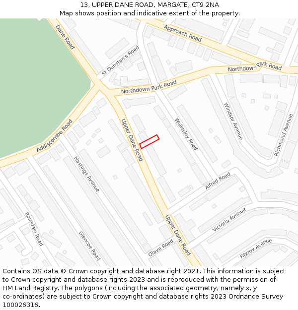 13, UPPER DANE ROAD, MARGATE, CT9 2NA: Location map and indicative extent of plot