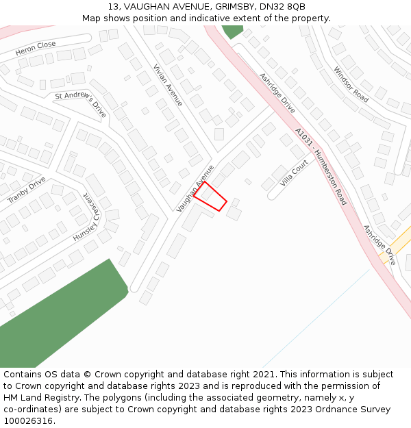13, VAUGHAN AVENUE, GRIMSBY, DN32 8QB: Location map and indicative extent of plot