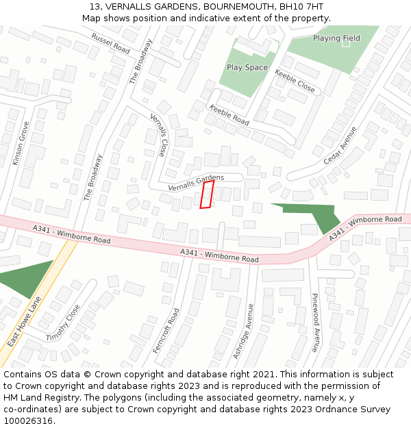 13, VERNALLS GARDENS, BOURNEMOUTH, BH10 7HT: Location map and indicative extent of plot