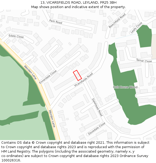 13, VICARSFIELDS ROAD, LEYLAND, PR25 3BH: Location map and indicative extent of plot