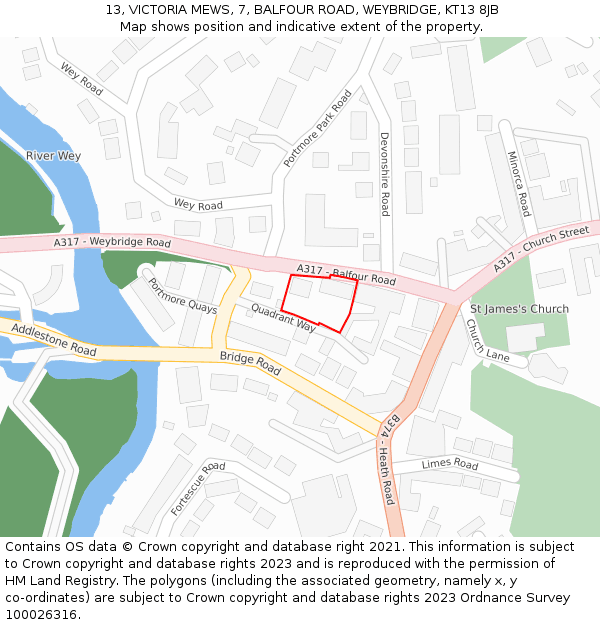 13, VICTORIA MEWS, 7, BALFOUR ROAD, WEYBRIDGE, KT13 8JB: Location map and indicative extent of plot