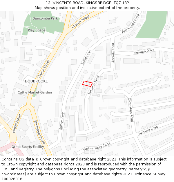 13, VINCENTS ROAD, KINGSBRIDGE, TQ7 1RP: Location map and indicative extent of plot