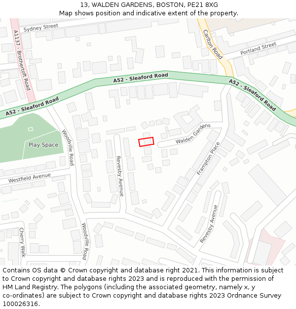 13, WALDEN GARDENS, BOSTON, PE21 8XG: Location map and indicative extent of plot