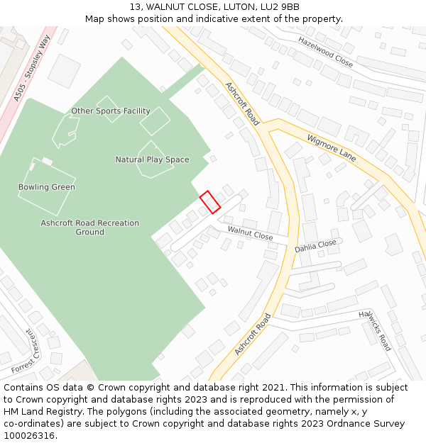 13, WALNUT CLOSE, LUTON, LU2 9BB: Location map and indicative extent of plot