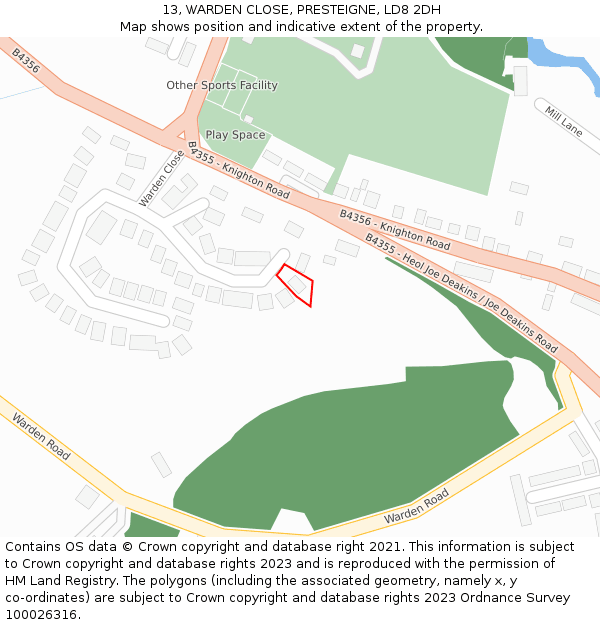 13, WARDEN CLOSE, PRESTEIGNE, LD8 2DH: Location map and indicative extent of plot