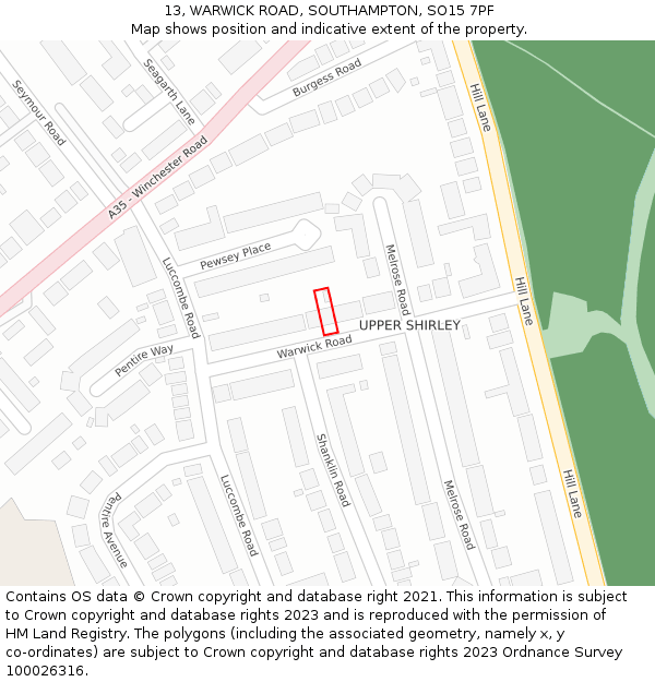 13, WARWICK ROAD, SOUTHAMPTON, SO15 7PF: Location map and indicative extent of plot