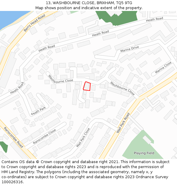 13, WASHBOURNE CLOSE, BRIXHAM, TQ5 9TG: Location map and indicative extent of plot